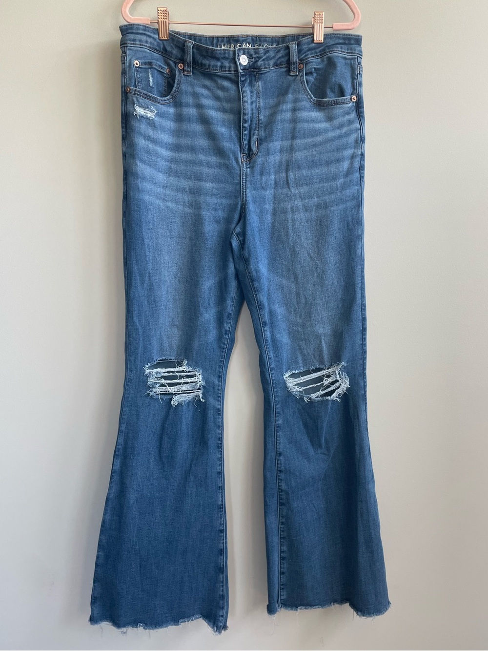 American Eagle Long Length Denim Distressed Knee Super High Rise Flare Jeans